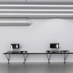 Minimalistic computer tables firmly attached to the clean, smooth walls in a well-lit room