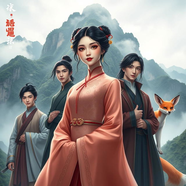 A captivating scene featuring a central Chinese woman character dressed in an elegant traditional gown, exuding charm and confidence