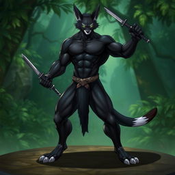 A male tabaxi character with a muscular and athletic build, featuring sleek black fur covering its body and striking white fur at the ends of its limbs and on the abdomen