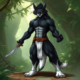 A male tabaxi character with a muscular and athletic build, featuring sleek black fur covering its body and striking white fur at the ends of its limbs and on the abdomen