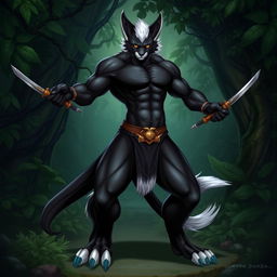 A male tabaxi character with a muscular and athletic build, featuring sleek black fur covering its body and striking white fur at the ends of its limbs and on the abdomen