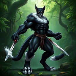 A male tabaxi character with a muscular and athletic build, featuring sleek black fur covering its body and striking white fur at the ends of its limbs and on the abdomen