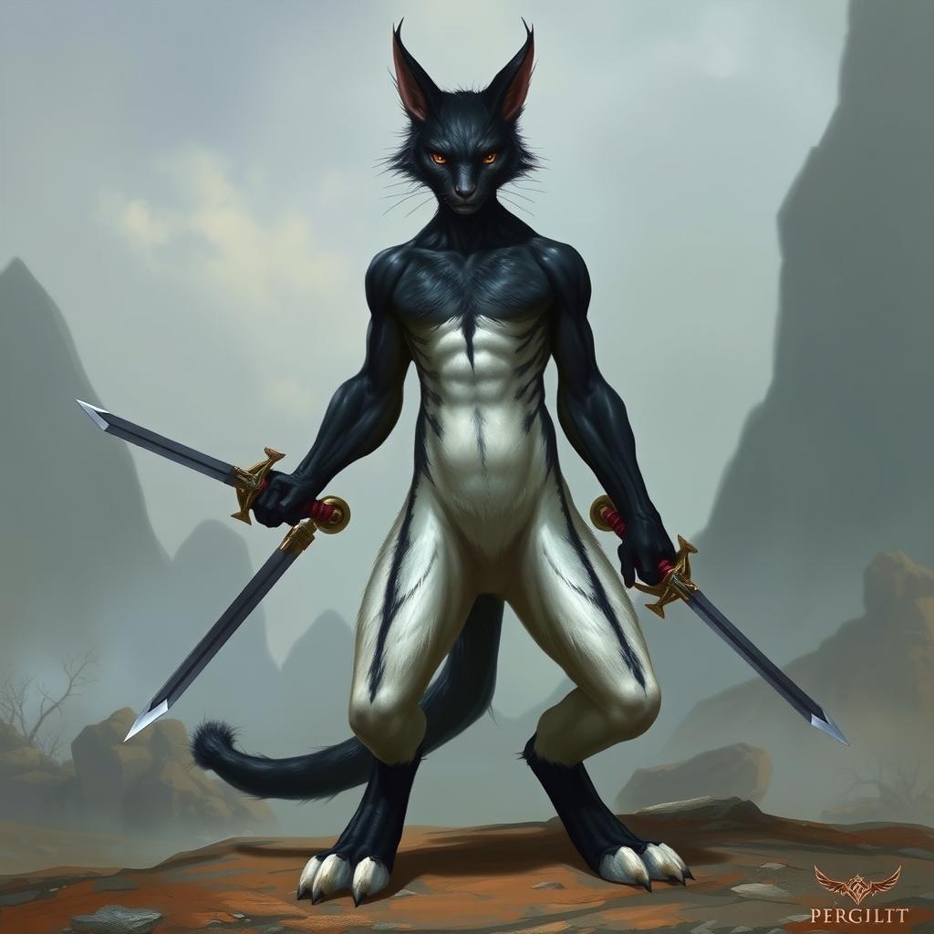 A male tabaxi with sleek black fur covering its athletic body, contrasted by striking white fur on the abdomen and at the tips of its limbs