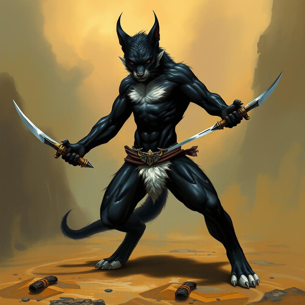 A male tabaxi with sleek black fur covering its athletic body, contrasted by striking white fur on the abdomen and at the tips of its limbs