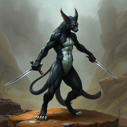 A male tabaxi with sleek black fur covering its athletic body, contrasted by striking white fur on the abdomen and at the tips of its limbs