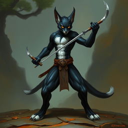 A male tabaxi with sleek black fur covering its athletic body, contrasted by striking white fur on the abdomen and at the tips of its limbs