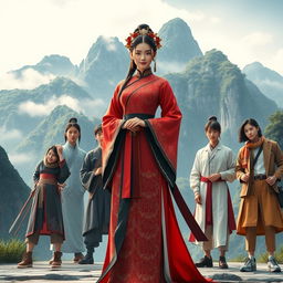 A striking scene featuring a central Chinese woman character dressed in an elegant traditional outfit, exuding grace and confidence