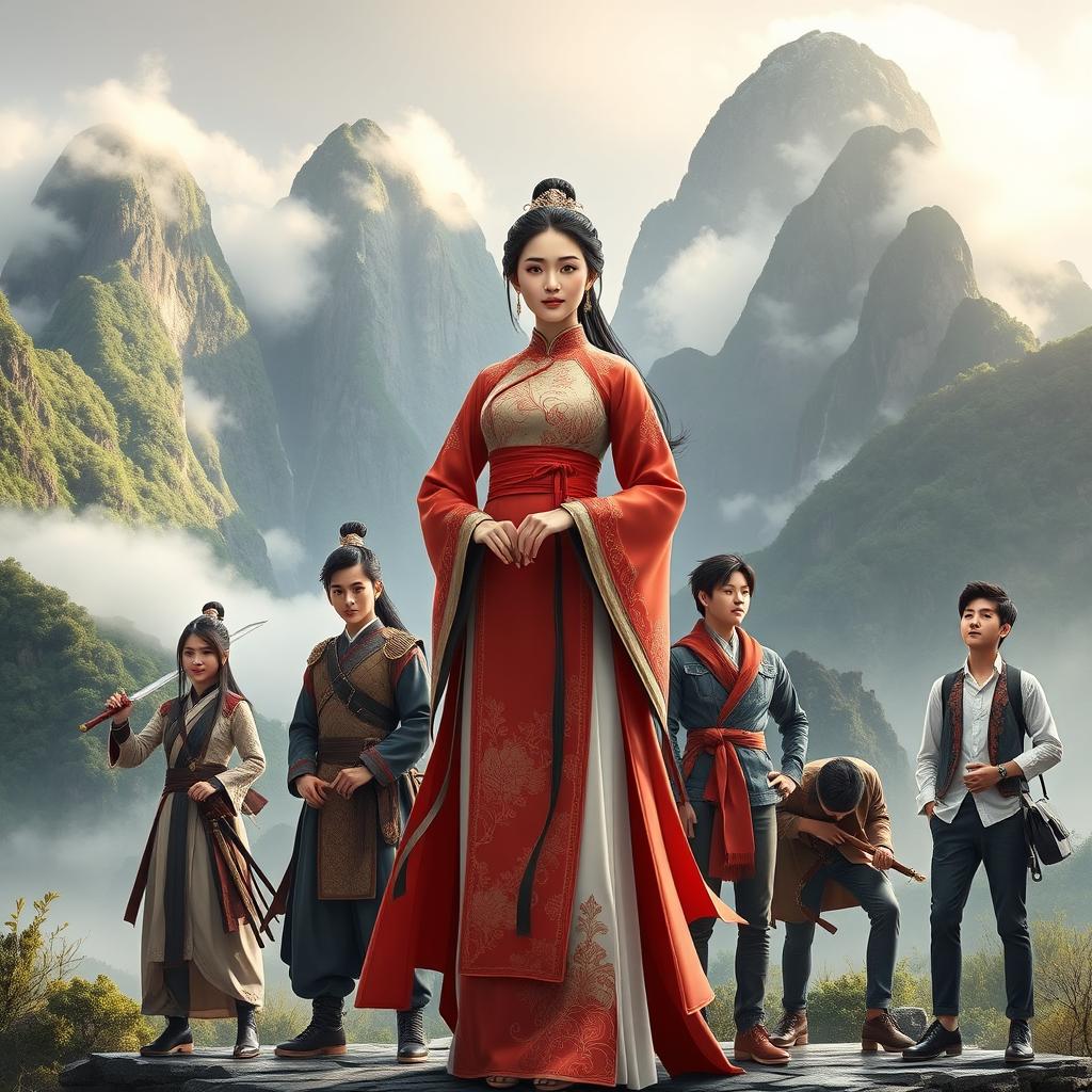 A striking scene featuring a central Chinese woman character dressed in an elegant traditional outfit, exuding grace and confidence