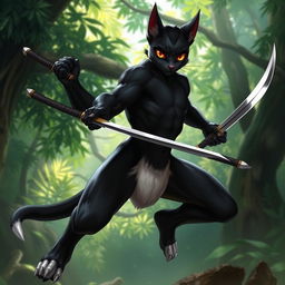 A male tabaxi character, depicted with sleek black fur covering his body and contrasting white fur on the tips of his limbs and his abdomen