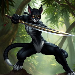 A male tabaxi character, depicted with sleek black fur covering his body and contrasting white fur on the tips of his limbs and his abdomen