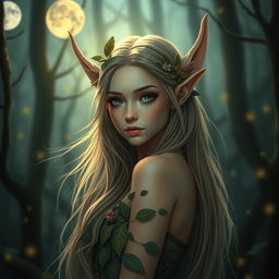 A stunningly beautiful young female elf with gracefully pointed ears, long flowing hair, and captivating eyes