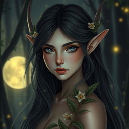 A stunningly beautiful young female elf with gracefully pointed ears, long flowing hair, and captivating eyes