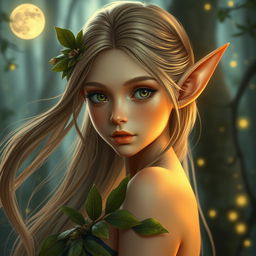 A stunningly beautiful young female elf with gracefully pointed ears, long flowing hair, and captivating eyes