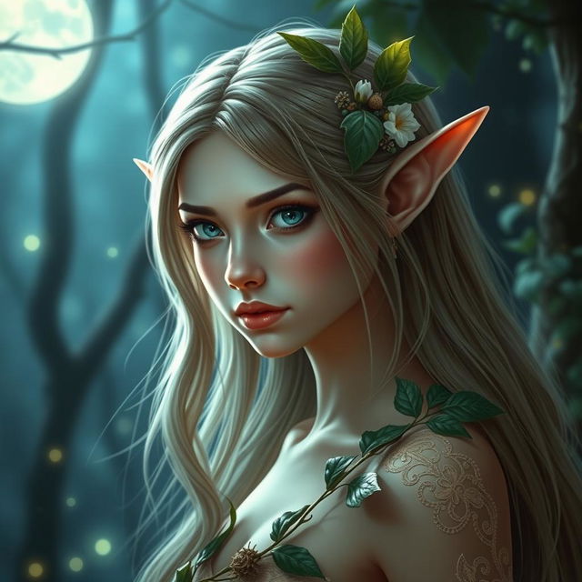 A stunningly beautiful young female elf with gracefully pointed ears, long flowing hair, and captivating eyes