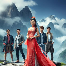 A captivating scene featuring a beautiful Chinese woman character dressed in a traditional elegant gown, radiating grace and charm