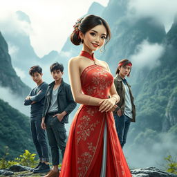 A captivating scene featuring a beautiful Chinese woman character dressed in a traditional elegant gown, radiating grace and charm