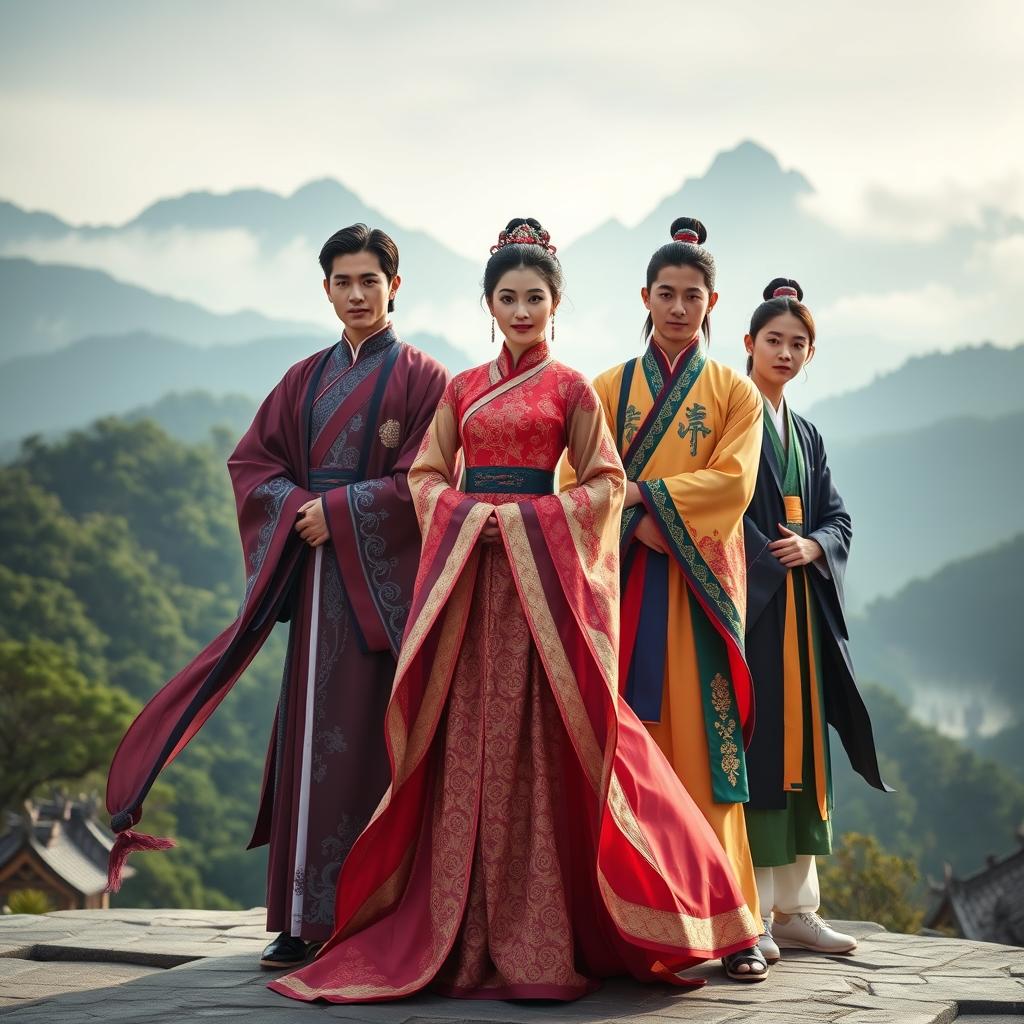 A beautiful scene featuring a graceful Chinese woman dressed in an exquisite hanfu, richly adorned with intricate patterns and vibrant colors, radiating elegance and charm