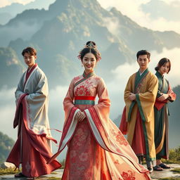 A beautiful scene featuring a graceful Chinese woman dressed in an exquisite hanfu, richly adorned with intricate patterns and vibrant colors, radiating elegance and charm