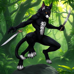 A male tabaxi character with sleek black fur covering most of his body, contrasting with the striking white fur on the ends of his limbs and his abdomen