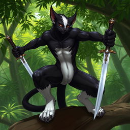 A male tabaxi character with sleek black fur covering most of his body, contrasting with the striking white fur on the ends of his limbs and his abdomen