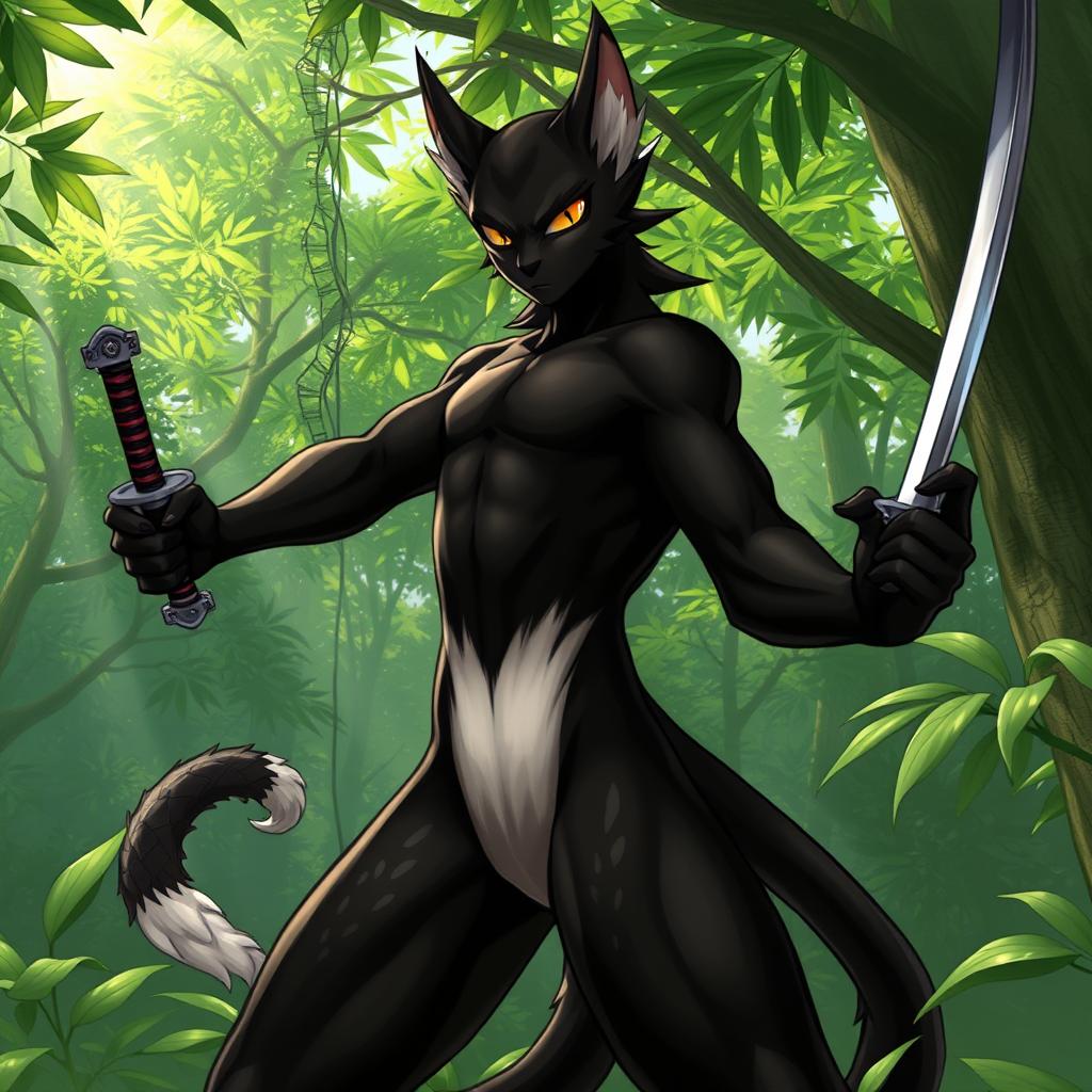 A male tabaxi character with sleek black fur covering most of his body, contrasting with the striking white fur on the ends of his limbs and his abdomen