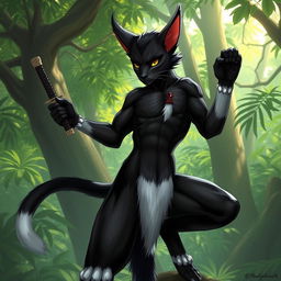 A male tabaxi character with sleek black fur covering most of his body, contrasting with the striking white fur on the ends of his limbs and his abdomen