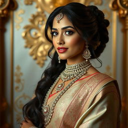 Hyperrealistic full-body portrait of a beautiful Indian woman, capturing grace and elegance