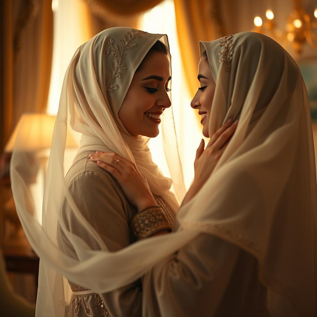 A sensual portrayal of a beautiful Arab woman wearing an elegant hijab, engaging in a moment of intimacy, her face adorned with a captivating smile, while soft, billowing fabrics of her outfit flow around her, creating an ethereal atmosphere