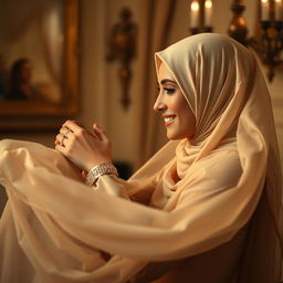 A sensual portrayal of a beautiful Arab woman wearing an elegant hijab, engaging in a moment of intimacy, her face adorned with a captivating smile, while soft, billowing fabrics of her outfit flow around her, creating an ethereal atmosphere