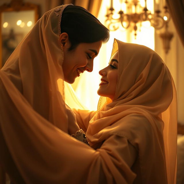 A sensual portrayal of a beautiful Arab woman wearing an elegant hijab, engaging in a moment of intimacy, her face adorned with a captivating smile, while soft, billowing fabrics of her outfit flow around her, creating an ethereal atmosphere