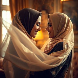 A sensual portrayal of a beautiful Arab woman wearing an elegant hijab, engaging in a moment of intimacy, her face adorned with a captivating smile, while soft, billowing fabrics of her outfit flow around her, creating an ethereal atmosphere