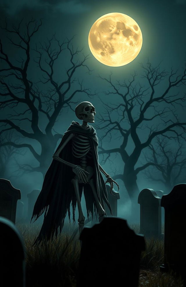 A skeletal figure emerging from a misty graveyard, grinning, set under a full moon illuminating the night sky