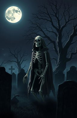 A skeletal figure emerging from a misty graveyard, grinning, set under a full moon illuminating the night sky