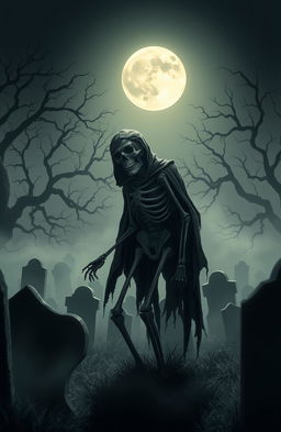 A skeletal figure emerging from a misty graveyard, grinning, set under a full moon illuminating the night sky