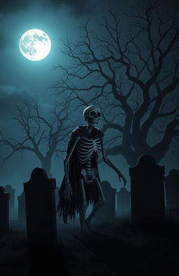 A skeletal figure emerging from a misty graveyard, grinning, set under a full moon illuminating the night sky