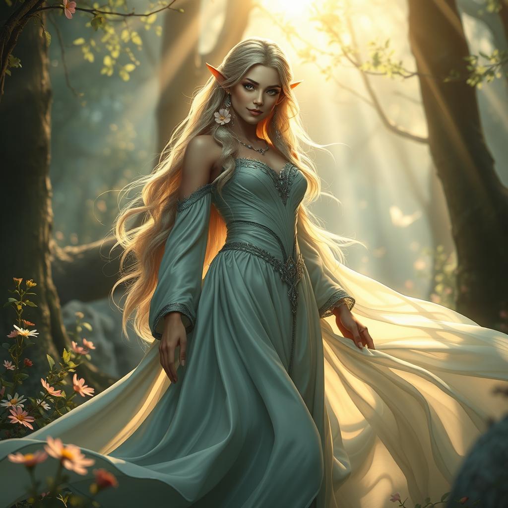 An epic fantasy scene featuring a powerful female elf in a stunning forest setting, with intricate details on her flowing gown made of silken fabric that catches the light