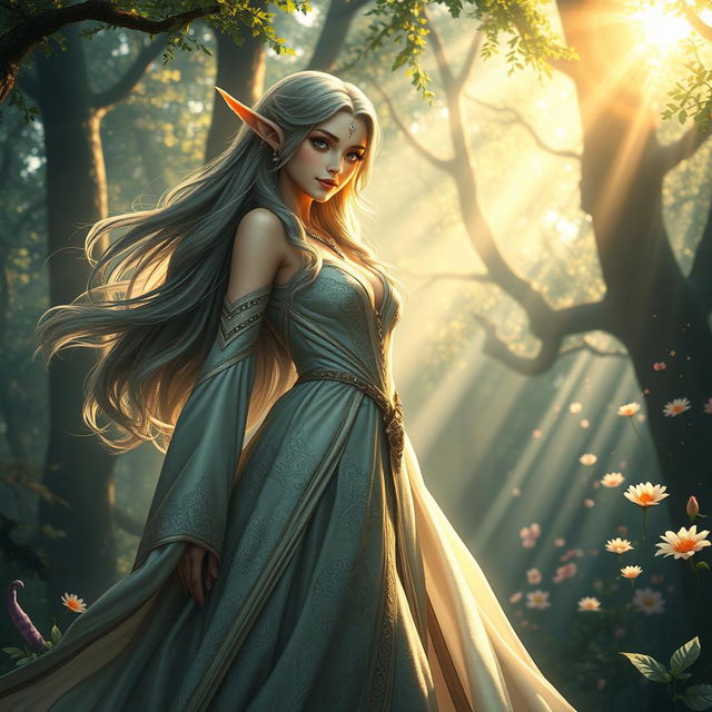 An epic fantasy scene featuring a powerful female elf in a stunning forest setting, with intricate details on her flowing gown made of silken fabric that catches the light