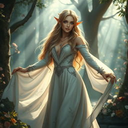 An epic fantasy scene featuring a powerful female elf in a stunning forest setting, with intricate details on her flowing gown made of silken fabric that catches the light