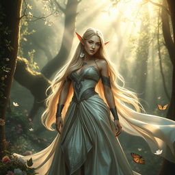 An epic fantasy scene featuring a powerful female elf in a stunning forest setting, with intricate details on her flowing gown made of silken fabric that catches the light