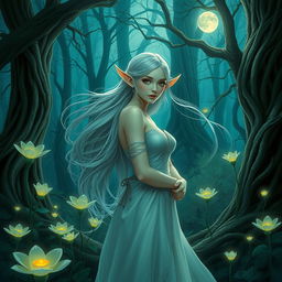 A female elf in an enchanting forest setting, with delicate pointed ears and flowing silver hair