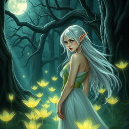 A female elf in an enchanting forest setting, with delicate pointed ears and flowing silver hair