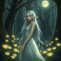 A female elf in an enchanting forest setting, with delicate pointed ears and flowing silver hair