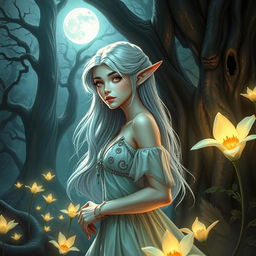 A female elf in an enchanting forest setting, with delicate pointed ears and flowing silver hair