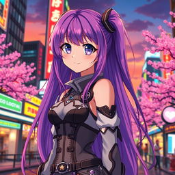 A beautiful anime girl with long flowing purple hair, wearing a stylish futuristic outfit with intricate details, standing in a vibrant cityscape at sunset