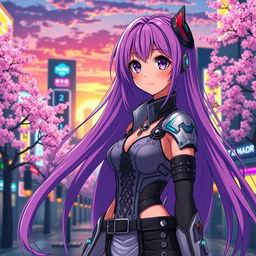 A beautiful anime girl with long flowing purple hair, wearing a stylish futuristic outfit with intricate details, standing in a vibrant cityscape at sunset