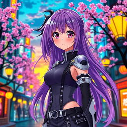 A beautiful anime girl with long flowing purple hair, wearing a stylish futuristic outfit with intricate details, standing in a vibrant cityscape at sunset