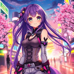 A beautiful anime girl with long flowing purple hair, wearing a stylish futuristic outfit with intricate details, standing in a vibrant cityscape at sunset