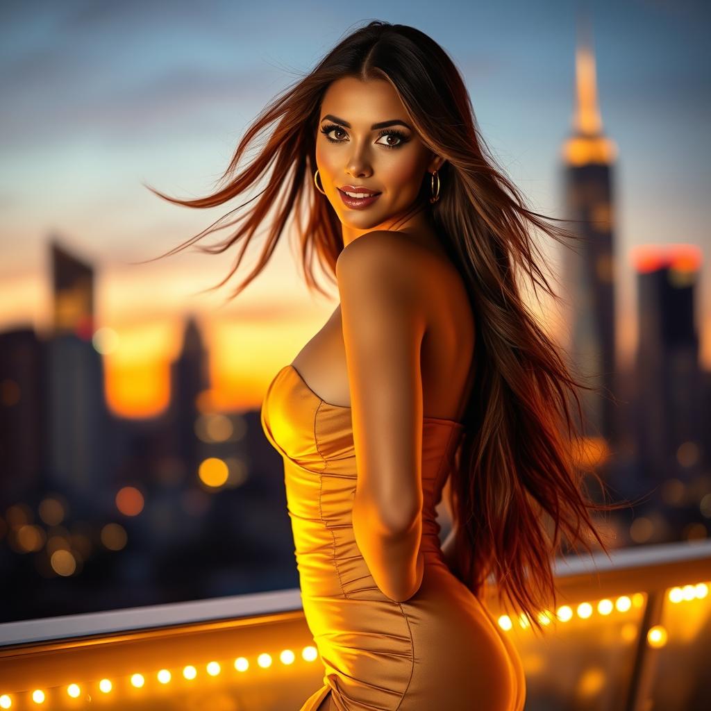 A strikingly attractive woman with long flowing hair wearing a form-fitting evening gown that accentuates her curves, posing confidently against a city skyline at sunset