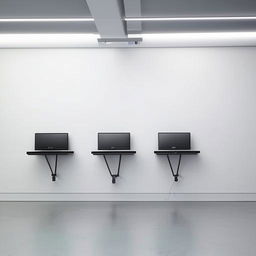 Minimalistic computer tables firmly attached to the clean, smooth walls in a well-lit room