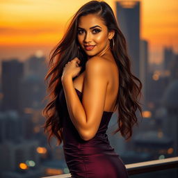 A strikingly attractive woman with long flowing hair wearing a form-fitting evening gown that accentuates her curves, posing confidently against a city skyline at sunset